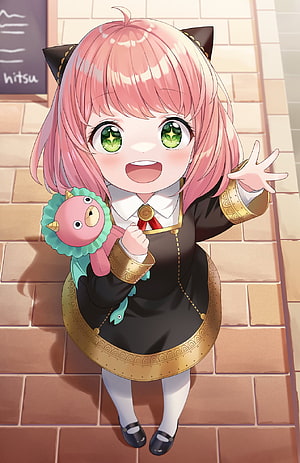 Anya Forger from Spy x Family in a black dress with gold trim holding a pink plush toy HD phone wallpaper