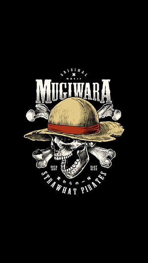 Mugiwara Pirates Skull and Straw Hat Emblem on Black Background HD phone wallpaper
