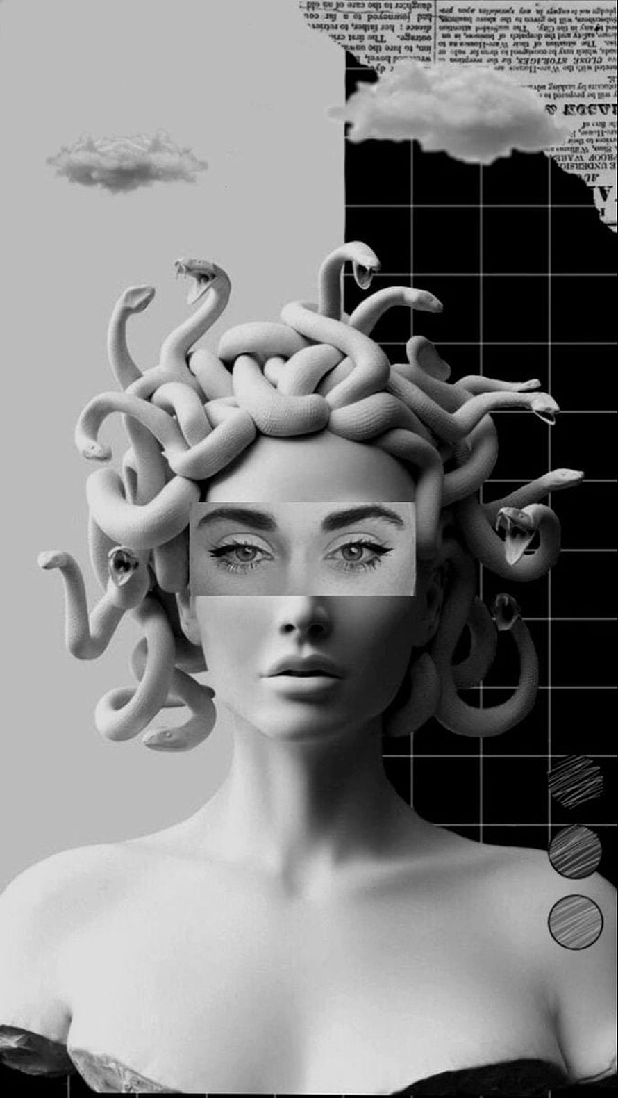 Monochrome Medusa Portrait with Snake Hair and Surreal Collage Elements HD phone wallpaper