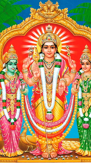 Lord Murugan with consorts in ornate traditional Indian temple art HD phone wallpaper