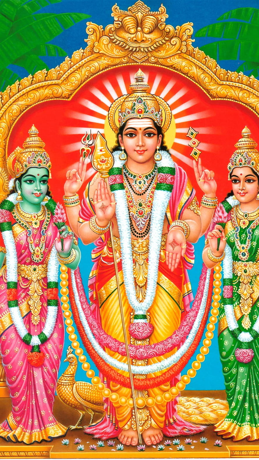 Lord Murugan with consorts in ornate traditional Indian temple art HD phone wallpaper