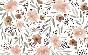 Watercolor Floral Pattern with Soft Pink and Brown Blooms on White Background HD wallpaper