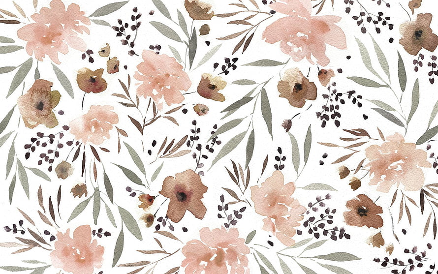 Watercolor Floral Pattern with Soft Pink and Brown Blooms on White Background HD wallpaper