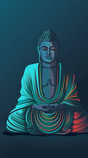 Gautam Buddha Meditating in Serene Lotus Pose with Neon Cyan and Red Accents HD phone wallpaper