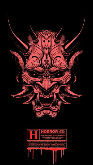 Red Oni Demon Mask Illustration with Japanese Tattoo Style on Black Background HD phone wallpaper