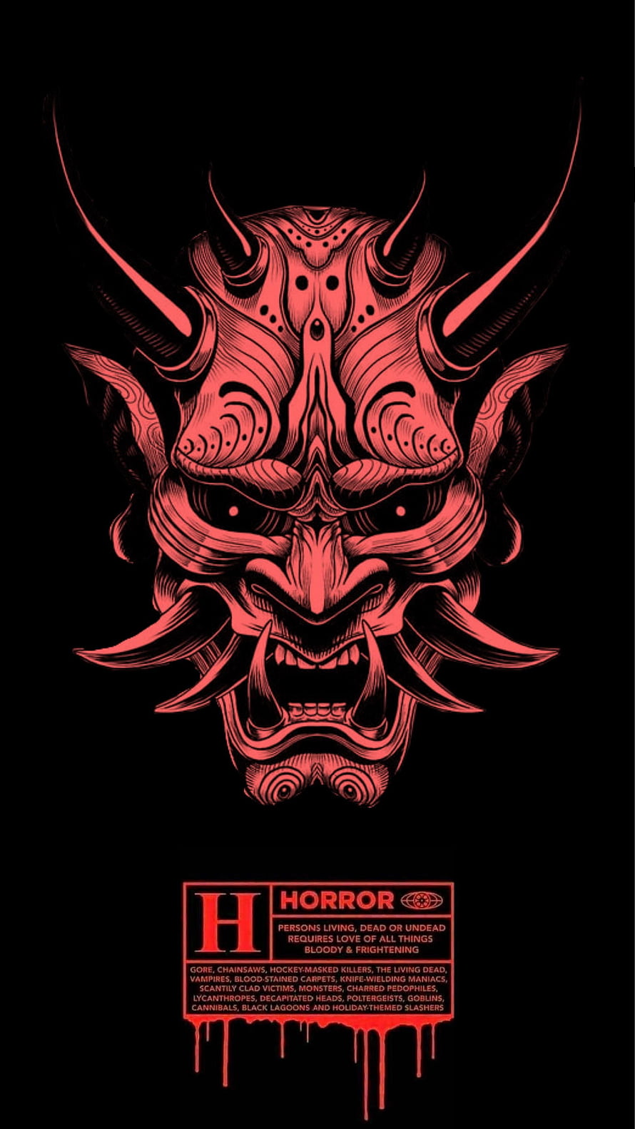 Red Oni Demon Mask Illustration with Japanese Tattoo Style on Black Background HD phone wallpaper