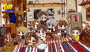 EXO Planet 2024 Chibi Fanart: Members Relaxing in a Cozy Room HD wallpaper