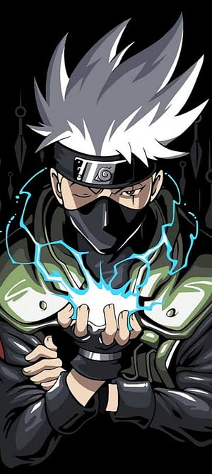 Kakashi Hatake channeling blue lightning chakra in dark cloak with Konoha headband HD phone wallpaper