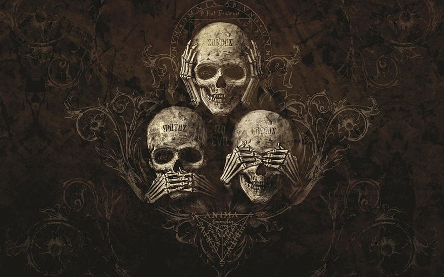 Gothic Triptych of Skeletons with Latin Inscriptions and Ornate Floral Patterns HD wallpaper