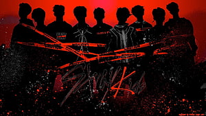Stray Kids Silhouettes Behind Caution Tape in Dramatic Red and Black Artwork HD wallpaper