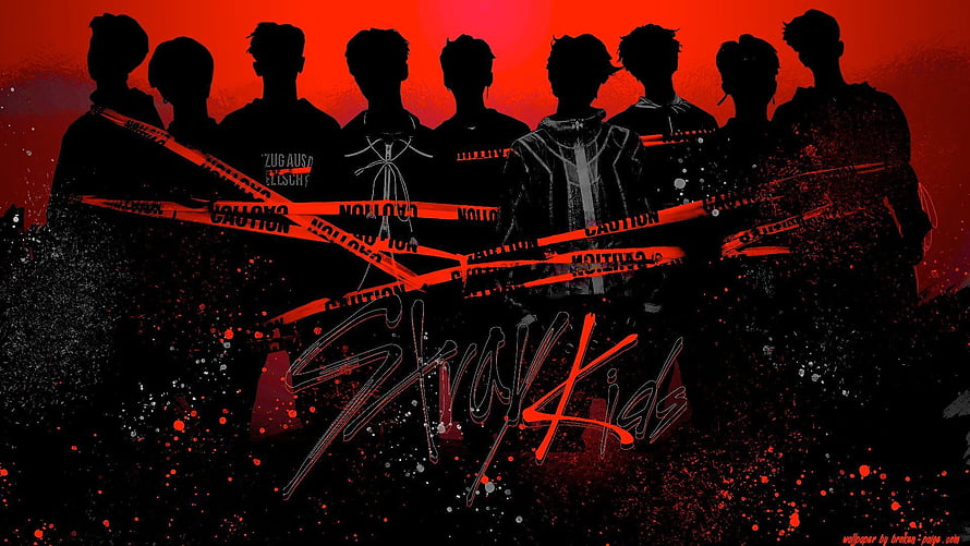 Stray Kids Silhouettes Behind Caution Tape in Dramatic Red and Black Artwork HD wallpaper