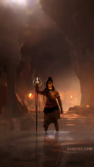 Bhola Baba warrior figure holding a trident in a dark cavern with glowing embers and dramatic lighting HD phone wallpaper