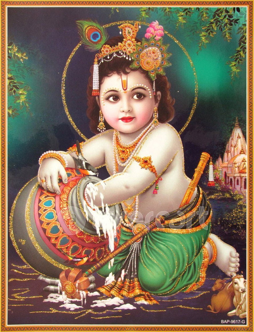 Baby Krishna Bal Krishna Devotional Art with Butter Pot and Temple HD phone wallpaper