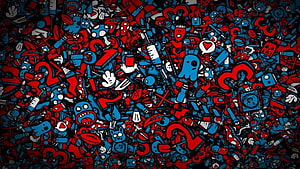 Dense Doodle Art Pattern With Red Blue Cartoon Characters And Graffiti Style Elements HD wallpaper