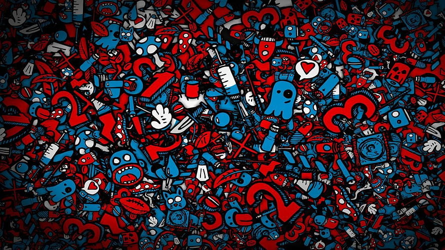 Dense Doodle Art Pattern With Red Blue Cartoon Characters And Graffiti Style Elements HD wallpaper