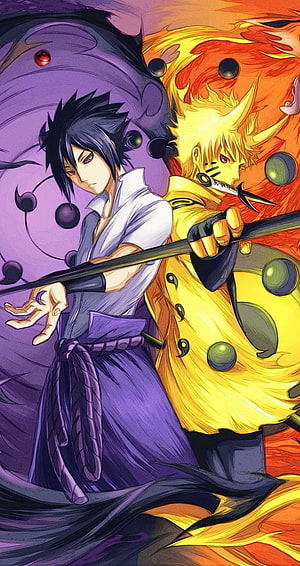 Naruto Shippuden Sasuke and Naruto in Nine-Tails Chakra Mode Anime Illustration HD phone wallpaper