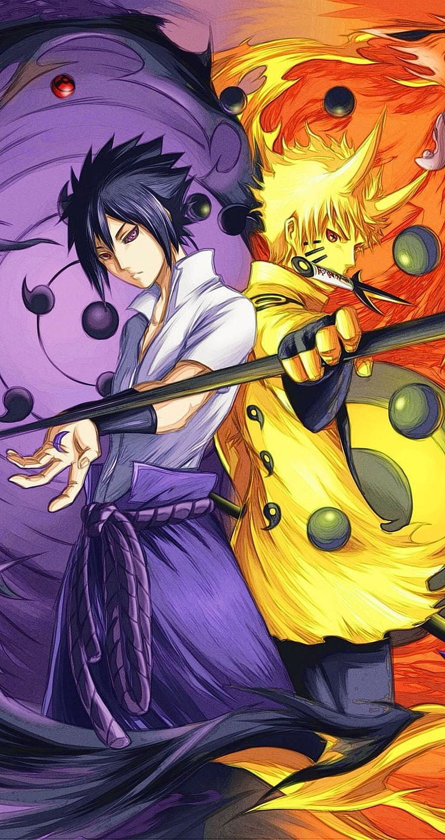Naruto Shippuden Sasuke and Naruto in Nine-Tails Chakra Mode Anime Illustration HD phone wallpaper