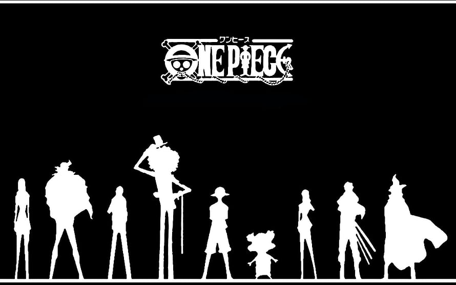 One Piece Character Silhouettes and Logo on Black Background HD wallpaper