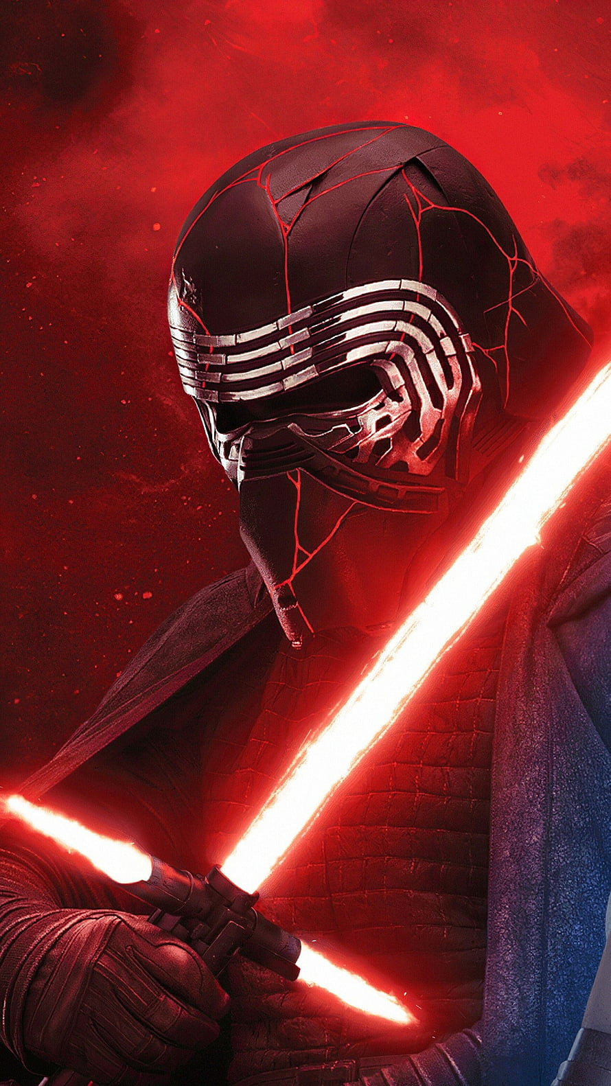 Kylo Ren Holding Crossguard Lightsaber Against Fiery Red Background HD phone wallpaper