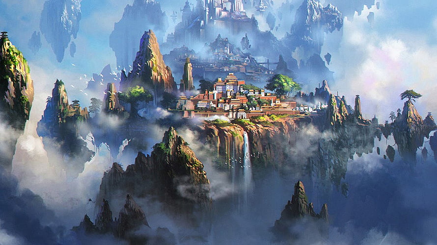 Mystical Floating Mountain City with Waterfalls and Misty Peaks in Fantasy Anime Landscape HD wallpaper