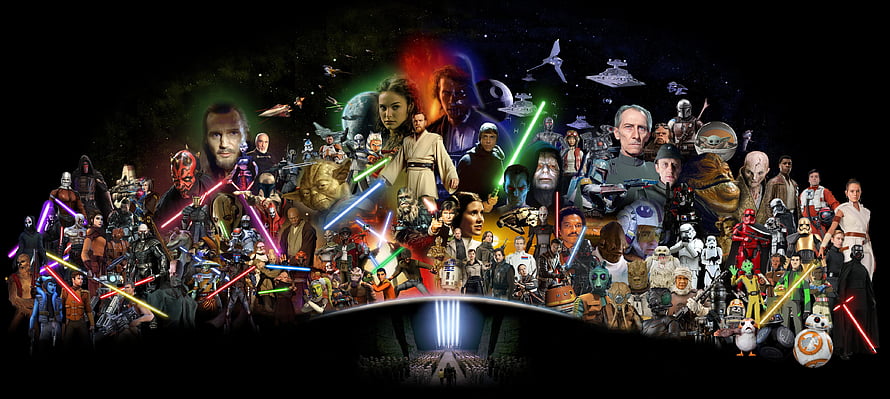 Star Wars Saga Character Collage with Lightsabers and Starships HD wallpaper