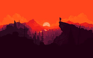 Silhouetted Hiker on Rocky Cliff at Vibrant Orange Sunset with Pine Forest and Distant Mountains HD wallpaper