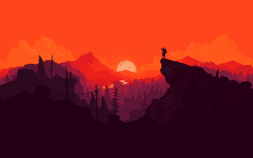 Silhouetted Hiker on Rocky Cliff at Vibrant Orange Sunset with Pine Forest and Distant Mountains HD wallpaper