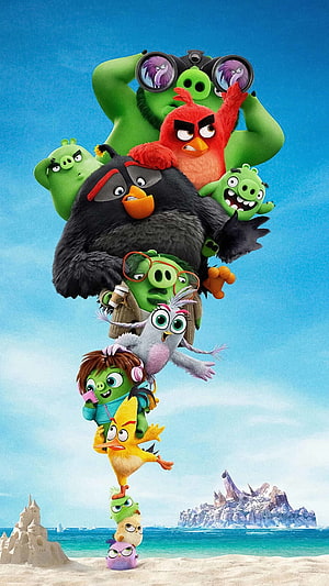 Angry Birds Movie 2 Character Stack on Beach with Ocean and Castle Background HD phone wallpaper