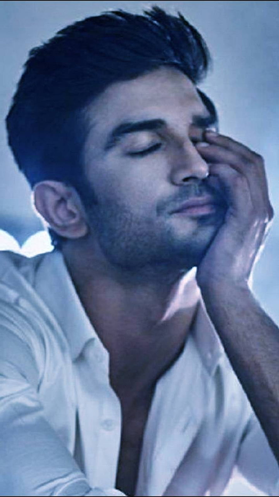 Sushant Singh Rajput Pensive Portrait in White Shirt with Cool Blue Tint HD phone wallpaper