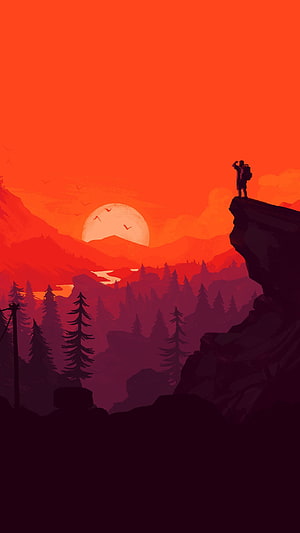 Firewatch Hiking Scene at Sunset with Pine Forest and Mountain Valley HD phone wallpaper