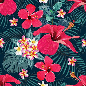 Tropical Hibiscus and Frangipani Floral Pattern on Dark Teal Background HD phone wallpaper