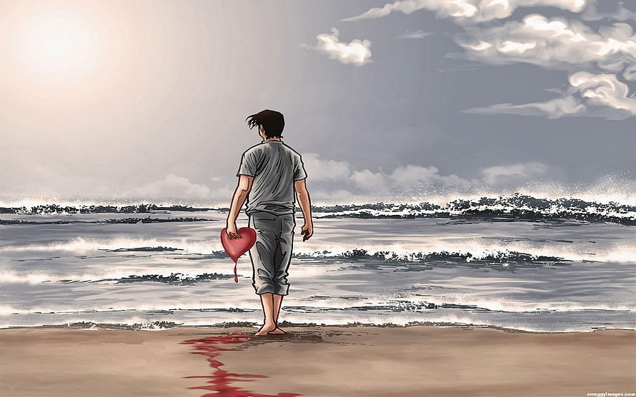 Lonely Boy Holding Broken Heart on Beach at Dusk HD wallpaper