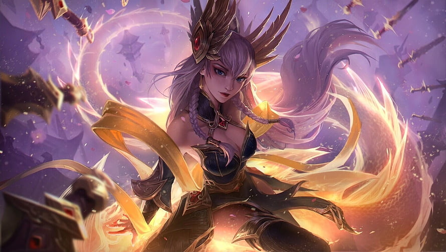 Irelia from League of Legends in dynamic fantasy battle art with glowing energy and ornate armor HD wallpaper