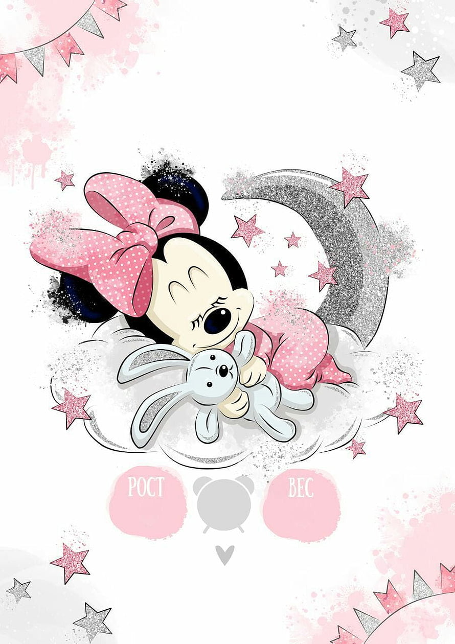 Baby Minnie Mouse Sleeping on a Cloud with a Bunny and Glittery Stars HD phone wallpaper