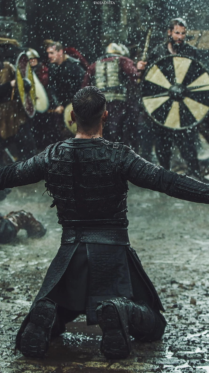 Ivar The Boneless kneeling in rain during Viking battle scene from the series Vikings HD phone wallpaper