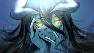 Albedo from Overlord with Glowing Eyes and Horns in Dark Fantasy Illustration HD wallpaper
