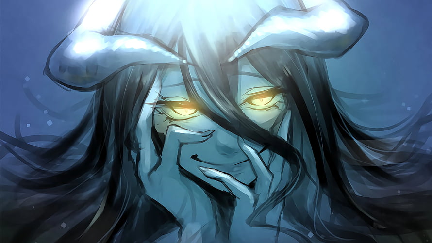 Albedo from Overlord with Glowing Eyes and Horns in Dark Fantasy Illustration HD wallpaper