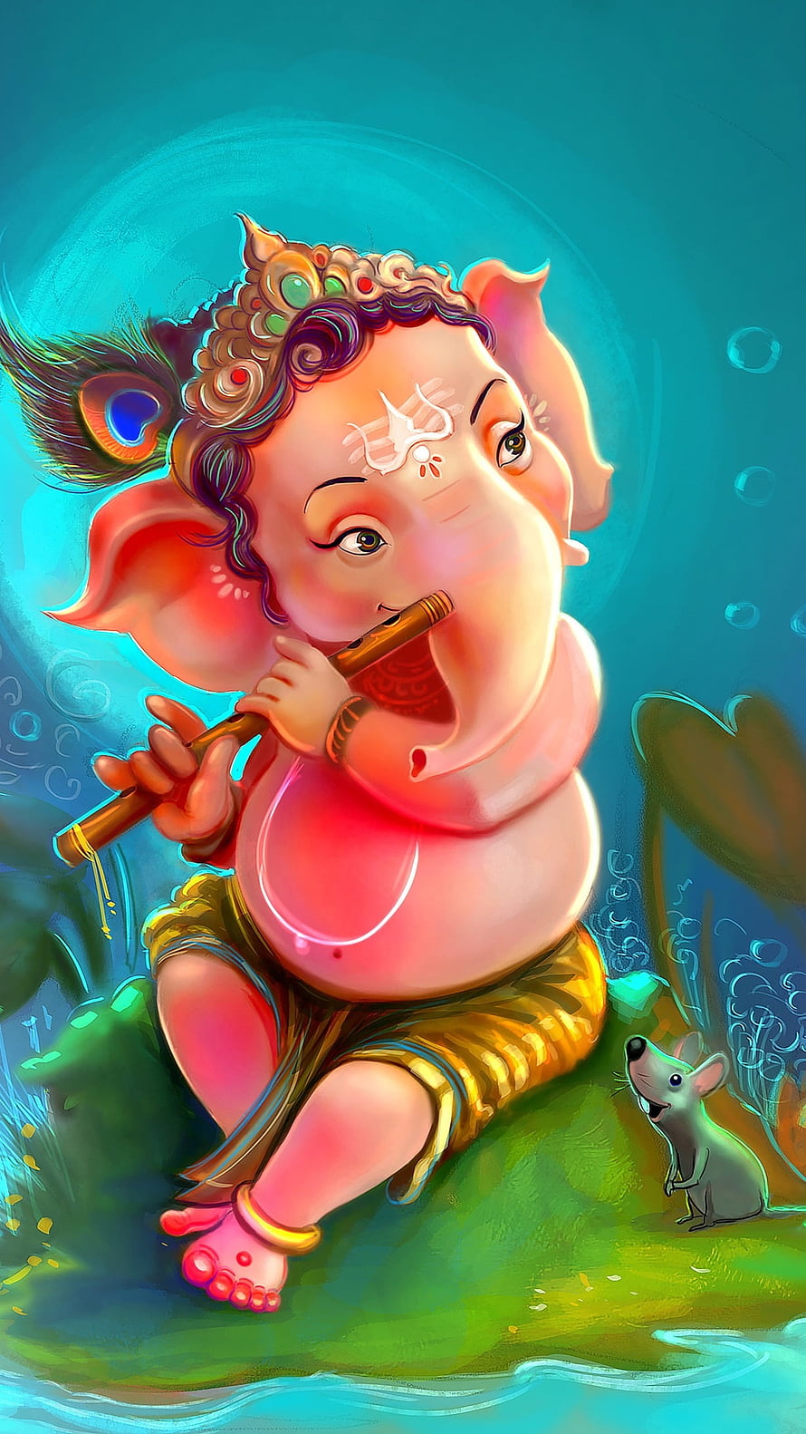 Cute Bal Ganesha Playing Bansuri Flute with Mouse Companion in Vibrant Digital Art HD phone wallpaper