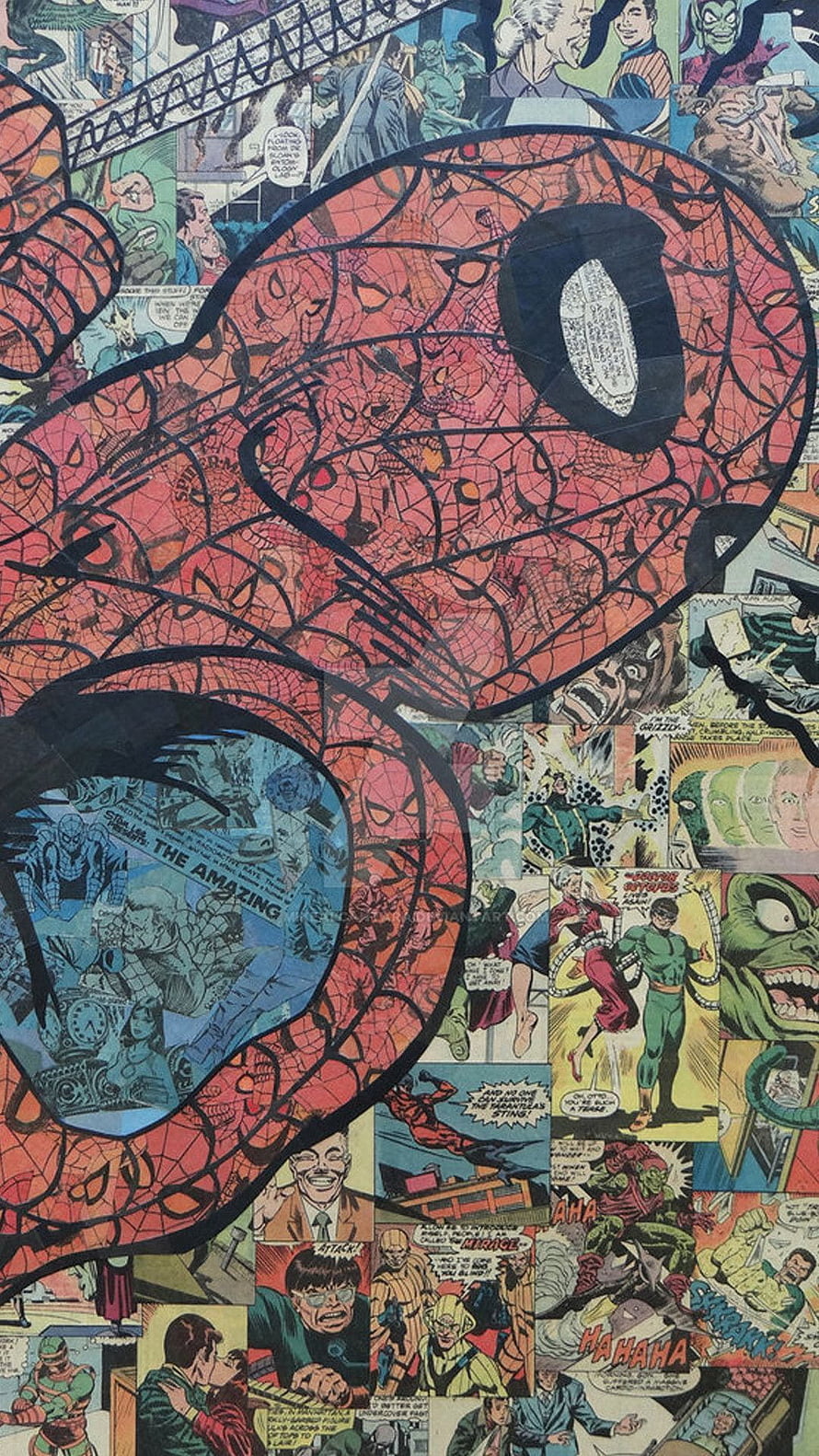 Spider-Man Mask Mosaic Artwork Composed of Vintage Marvel Comic Panels HD phone wallpaper