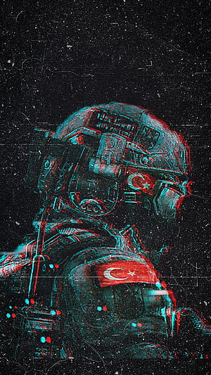 Turkish Soldier in Futuristic Combat Gear with Glitch Art Effect and National Flag HD phone wallpaper