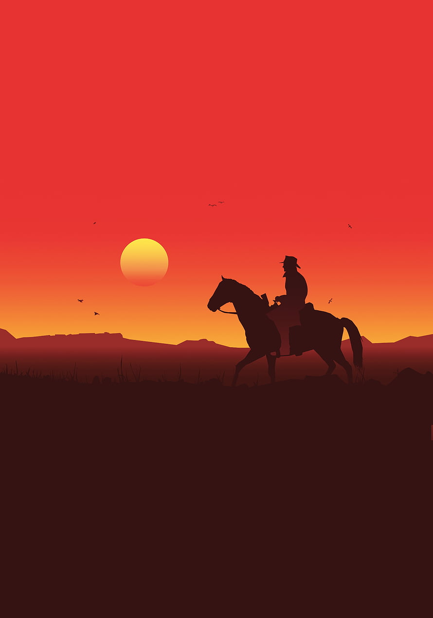 Red Dead Redemption 2 Cowboy Silhouette Riding Horse at Sunset HD phone wallpaper
