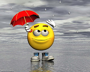 3D Yellow Emoji Character Holding Red Umbrella in Rainy Water Scene HD wallpaper