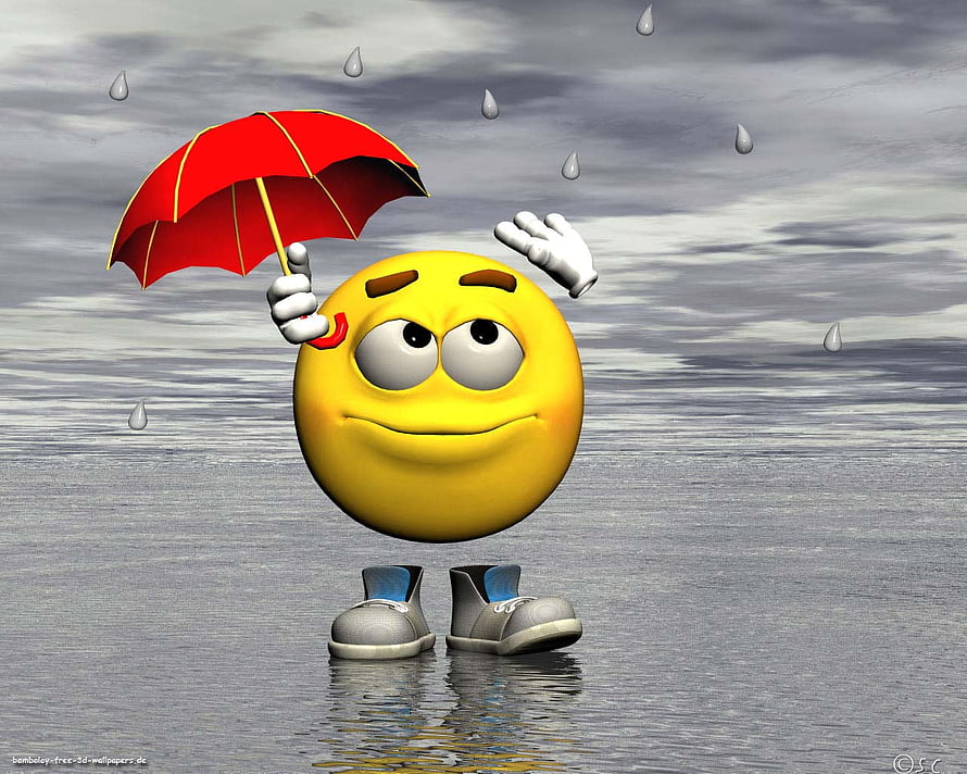 3D Yellow Emoji Character Holding Red Umbrella in Rainy Water Scene HD wallpaper