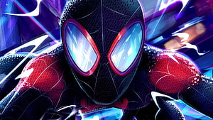 Miles Morales Spider-Man Close-Up in Futuristic Suit with Neon Energy Effects HD wallpaper
