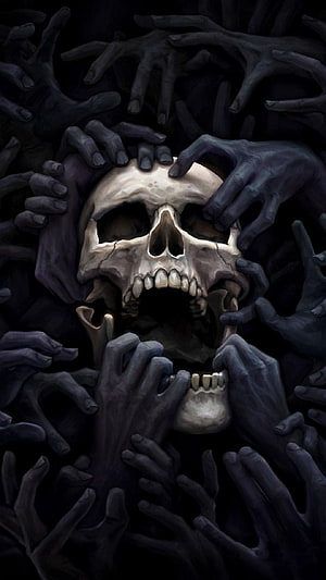 Dark Skull Surrounded by Reaching Hands in Eerie Horror Illustration HD phone wallpaper