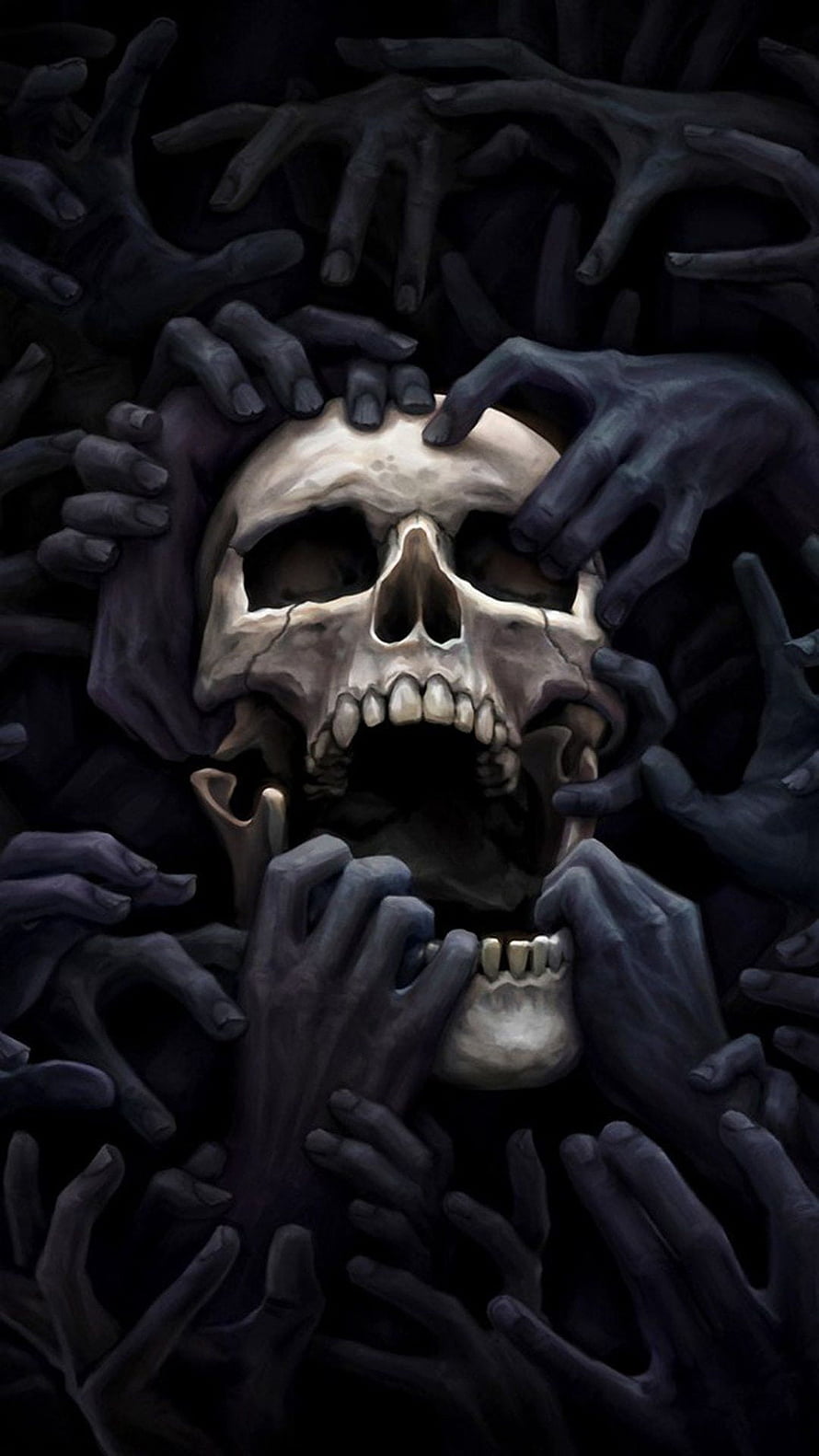 Dark Skull Surrounded by Reaching Hands in Eerie Horror Illustration HD phone wallpaper