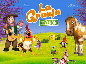 La Granja de Zenón 3D Farm Scene with Guitarist, Rooster, Horse, and Colorful Birds on a Sunny Meadow HD wallpaper