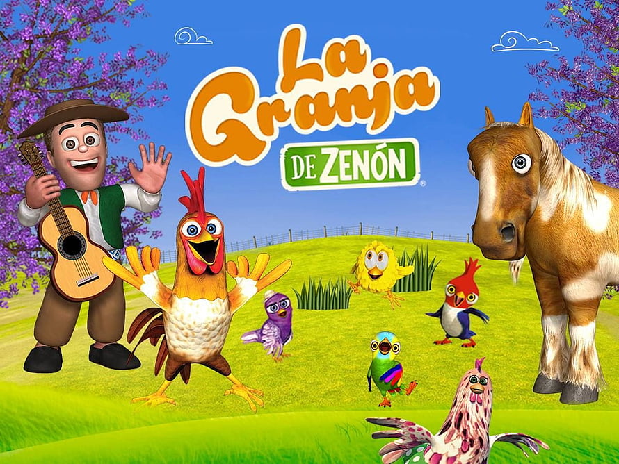 La Granja de Zenón 3D Farm Scene with Guitarist, Rooster, Horse, and Colorful Birds on a Sunny Meadow HD wallpaper