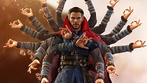 Doctor Strange Casting Multiple Hands in Mystical Spell with Red Cloak and Blue Robes HD wallpaper