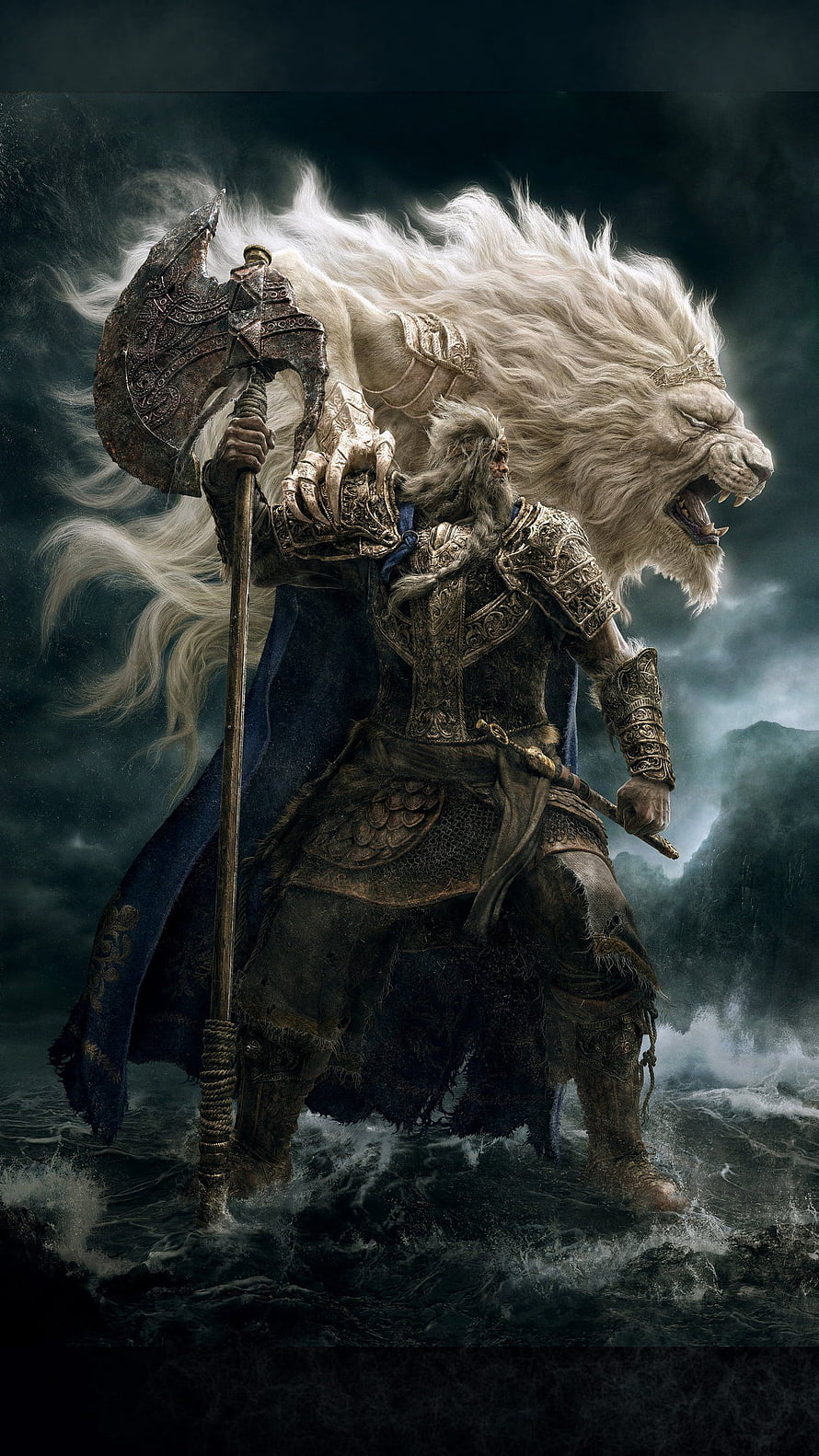Armored Warrior with Giant White Lion in Dark Fantasy Storm HD phone wallpaper